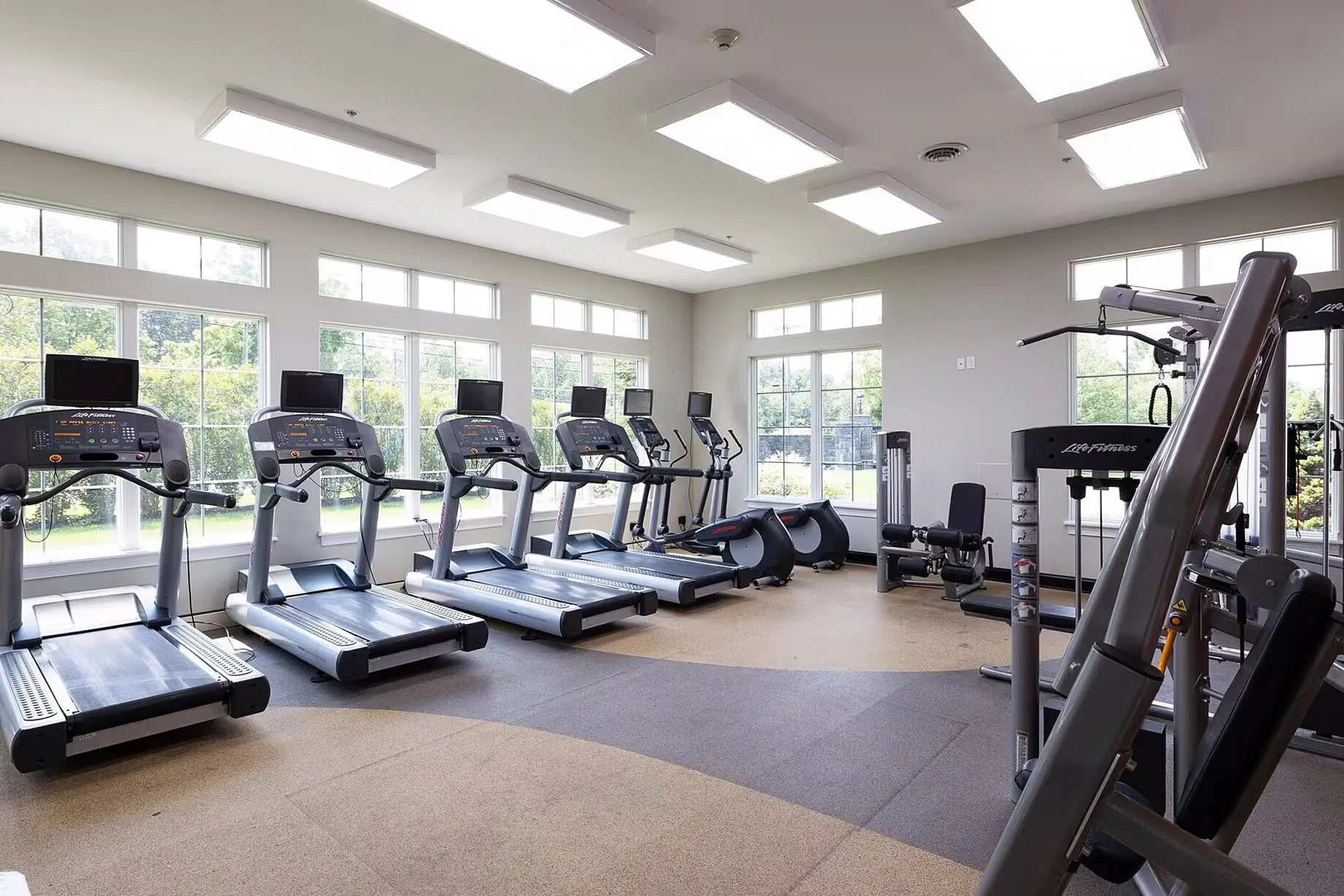 Bright and spacious fitness center with modern exercise equipment and large windows offering scenic greenery views.