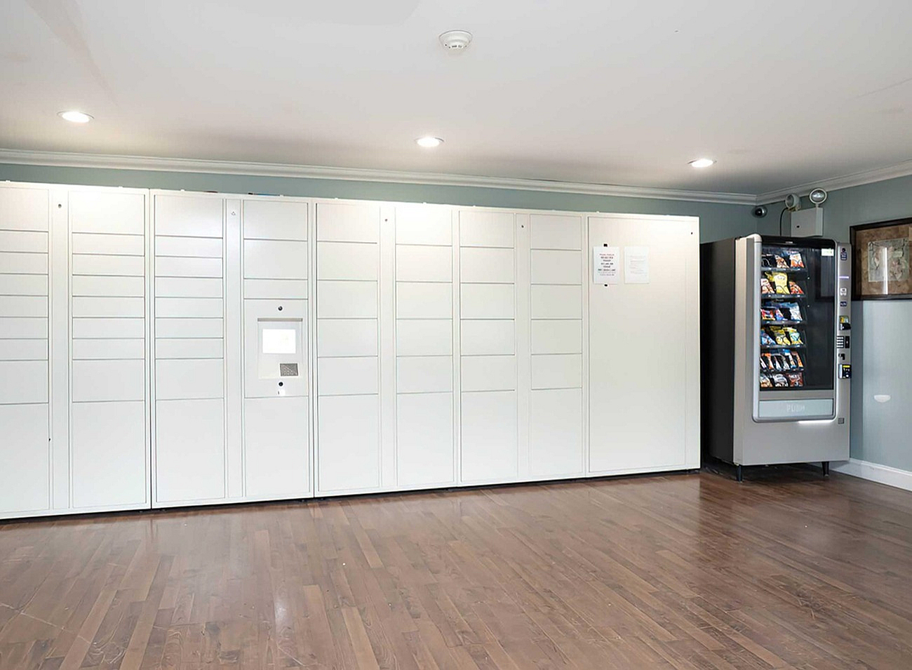 Modern apartment amenities with secure package lockers and a convenient snack vending machine in a sleek, well-lit space.