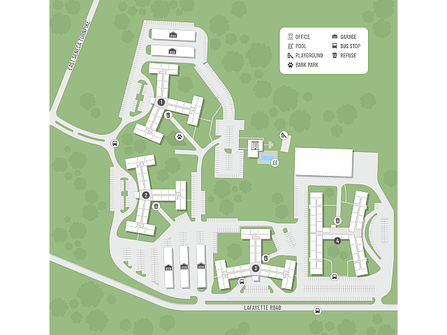 Expansive community layout featuring residential buildings, a refreshing pool area, and a welcoming playground, surrounded by lush green spaces.
