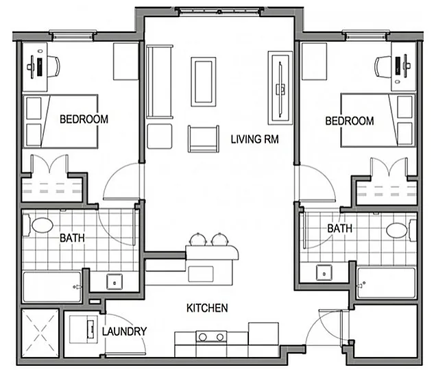 Contemporary 2-bedroom floor plan featuring a spacious living room, modern kitchen, two bathrooms, and convenient laundry area.