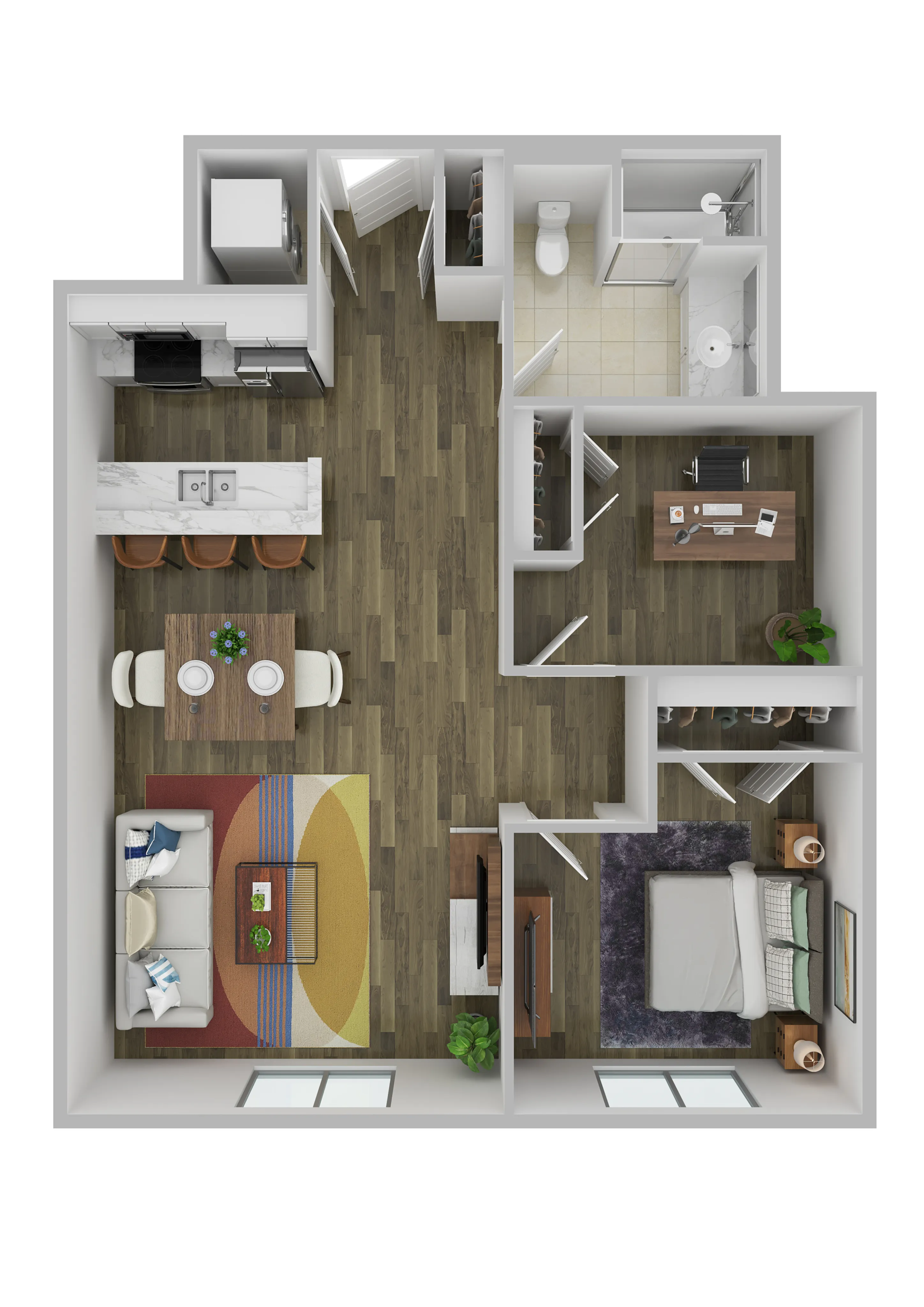 Modern 3D floor plan showcasing a stylish 1-bedroom apartment with a cozy living room, functional office space, and sleek kitchen layout.