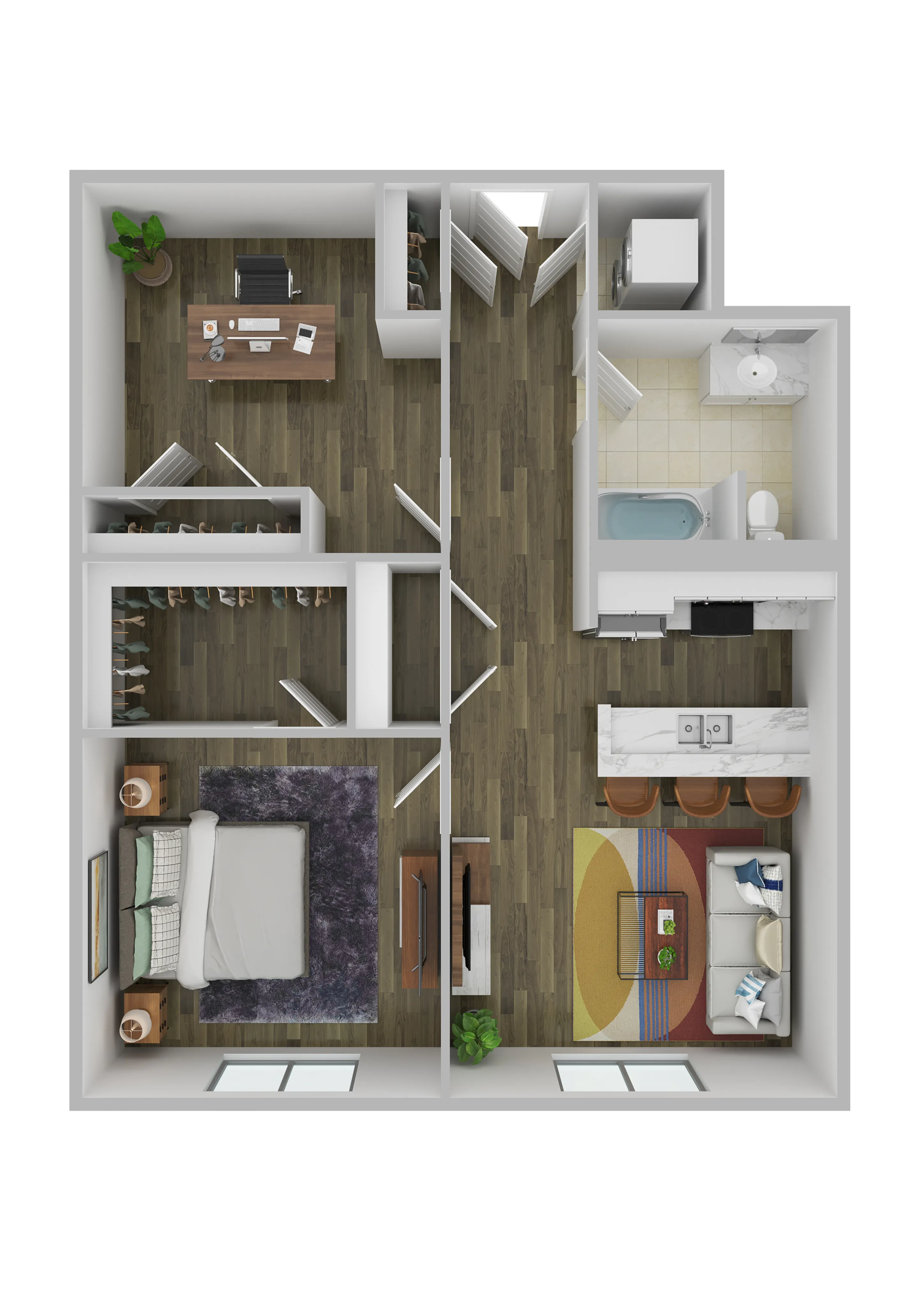 Contemporary 2D floor plan showcasing a cozy 1-bedroom apartment with home office, modern kitchen, inviting living area, and stylish bathroom.