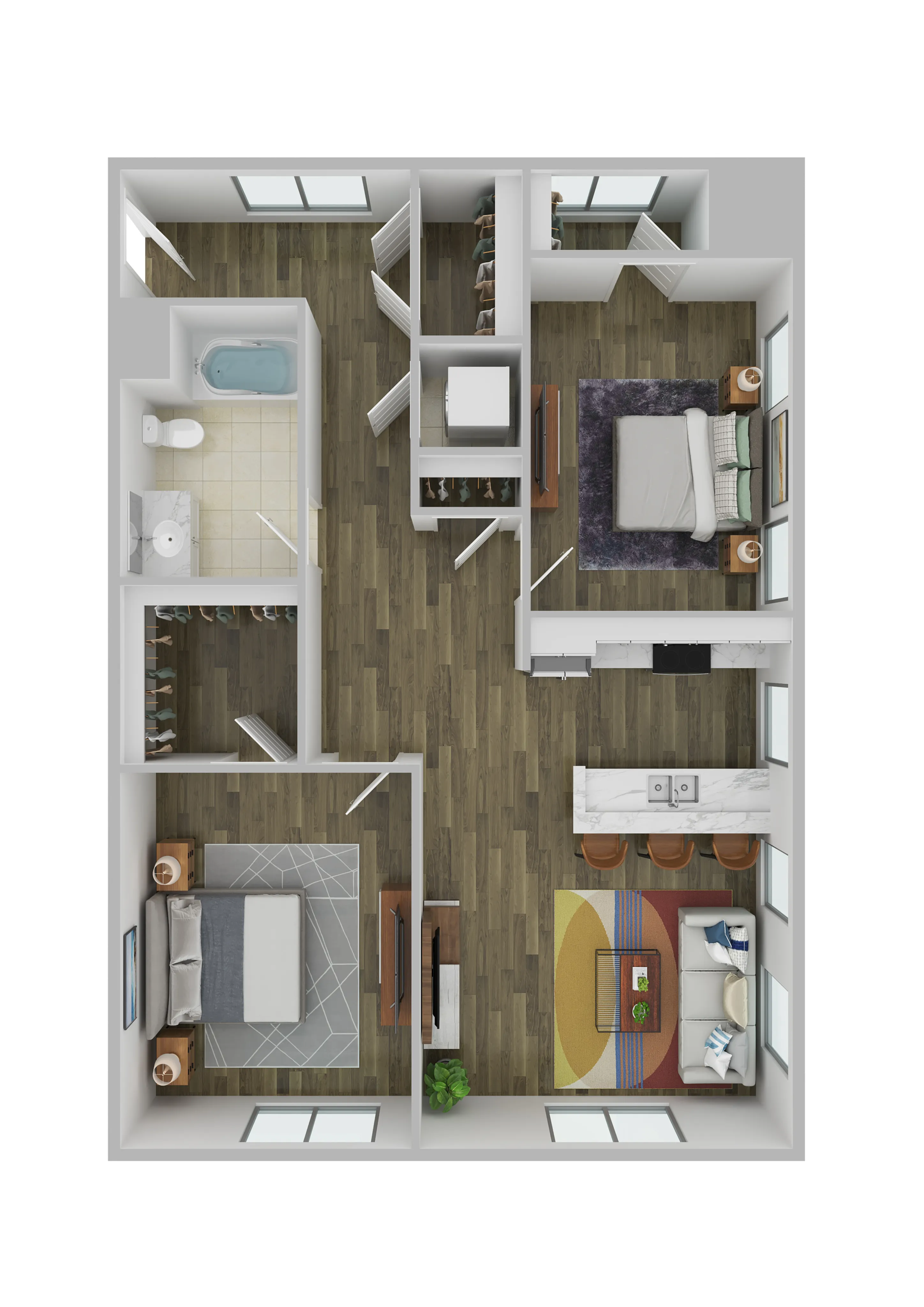 Modern floor plan depicting a spacious 2-bedroom apartment with hardwood flooring, open-concept kitchen, and cozy living area.