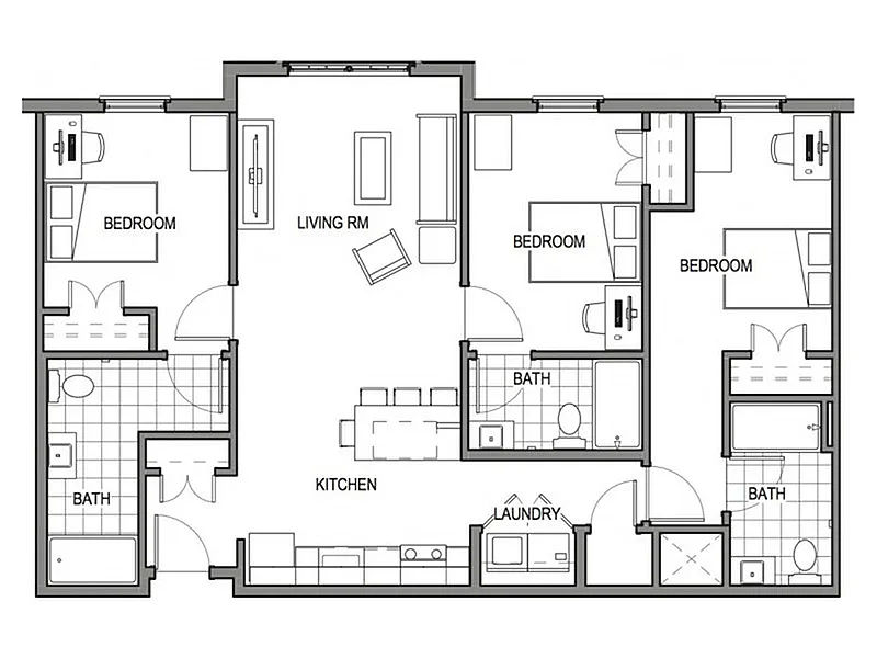 Modern floor plan showcasing 3 bedrooms, open living room, fully-equipped kitchen, and convenient laundry space.