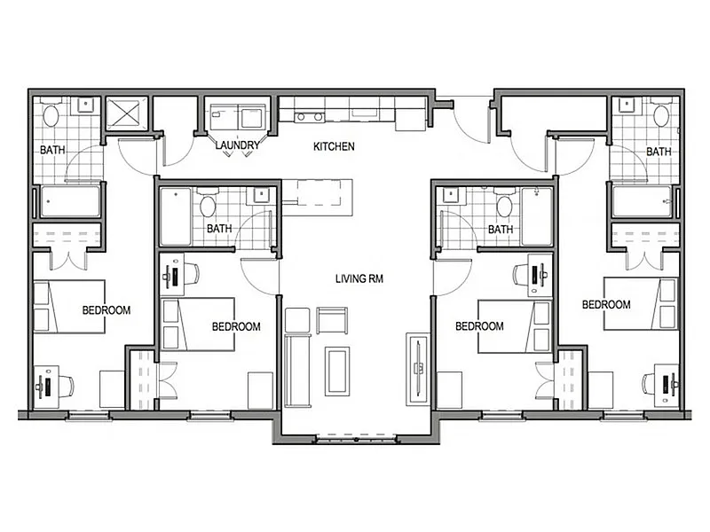 Modern floor plan showcasing three bedrooms, a spacious living room, and a well-appointed kitchen with laundry facilities.