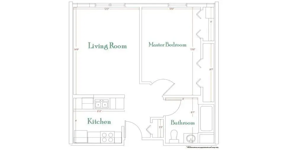 One bedroom-one bathroom floor plan layout at Wallkill Living Center