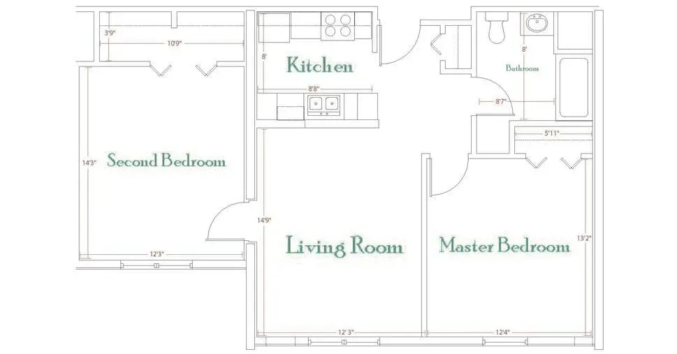 Two bedroom-one bathroom floor plan layout at Wallkill Living Center