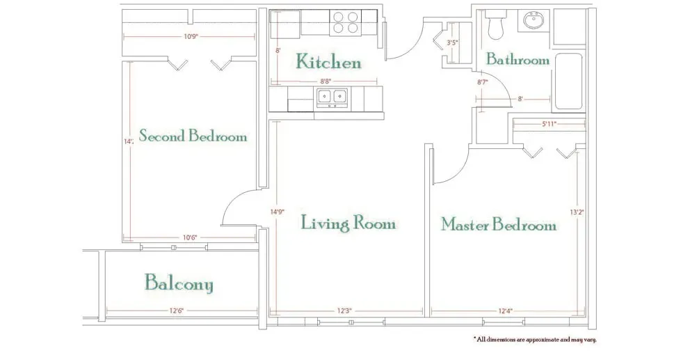 Two bedroom-one bathroom-one balcony floor plan layout at Wallkill Living Center