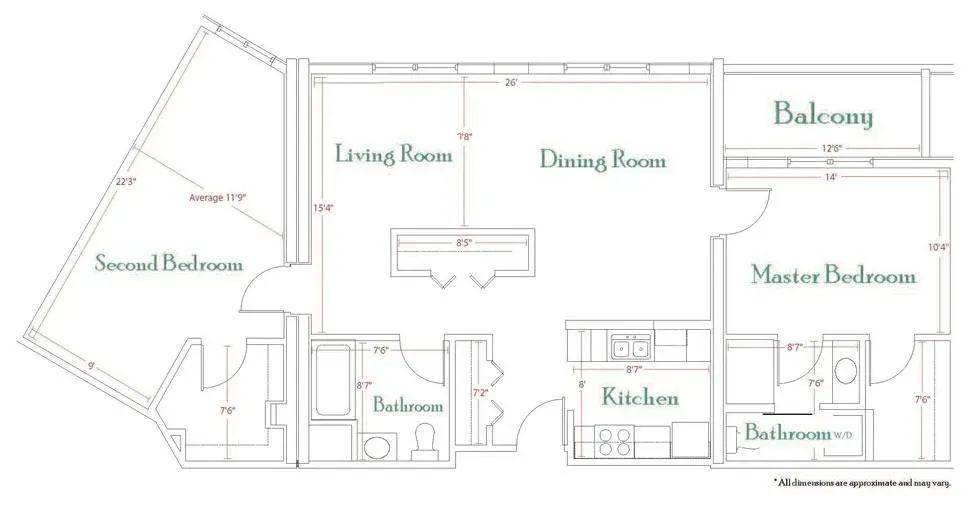 Two bedroom-two bathroom-one balcony floor plan layout at Wallkill Living Center