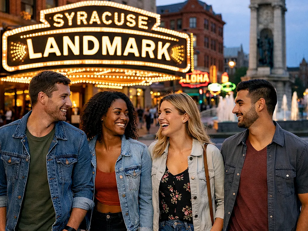 Vibrant street scene with friends enjoying a night out in front of the iconic Syracuse Landmark sign.