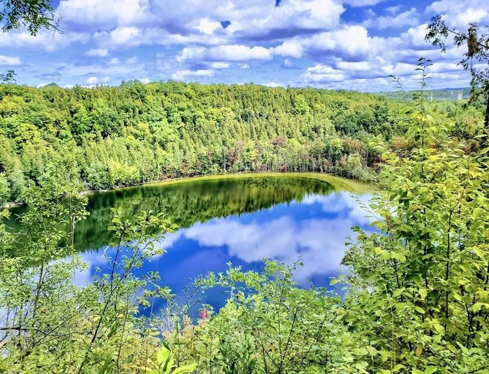 Breathtaking view of a lush, green forest surrounding a serene, reflective lake under a vibrant blue sky with fluffy clouds.