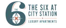 Modern logo for The Six At City Station Luxury Apartments, featuring a bold number six with a star and compass design in an elegant color palette.
