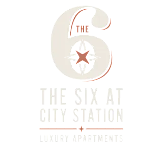 Elegant logo for The Six at City Station, showcasing luxury apartment living with a bold design and star emblem.