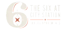Striking logo of The Six at City Station Luxury Apartments, featuring a bold number 6 with a compass star design exuding elegance and modernity.