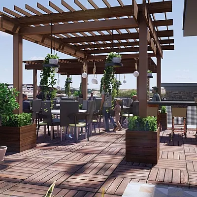 Chic rooftop terrace with elegant pergola, stylish seating, lush greenery, and outdoor dining area for social gatherings.