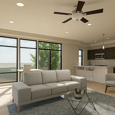 Bright and modern living space with panoramic windows, stylish furnishings, and an open-plan kitchen featuring sleek cabinetry and appliances.