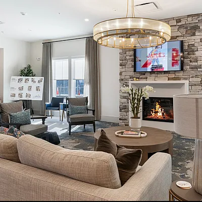 Elegant living room with a cozy fireplace, stylish stone accent wall, and a modern chandelier, offering a warm and inviting space.