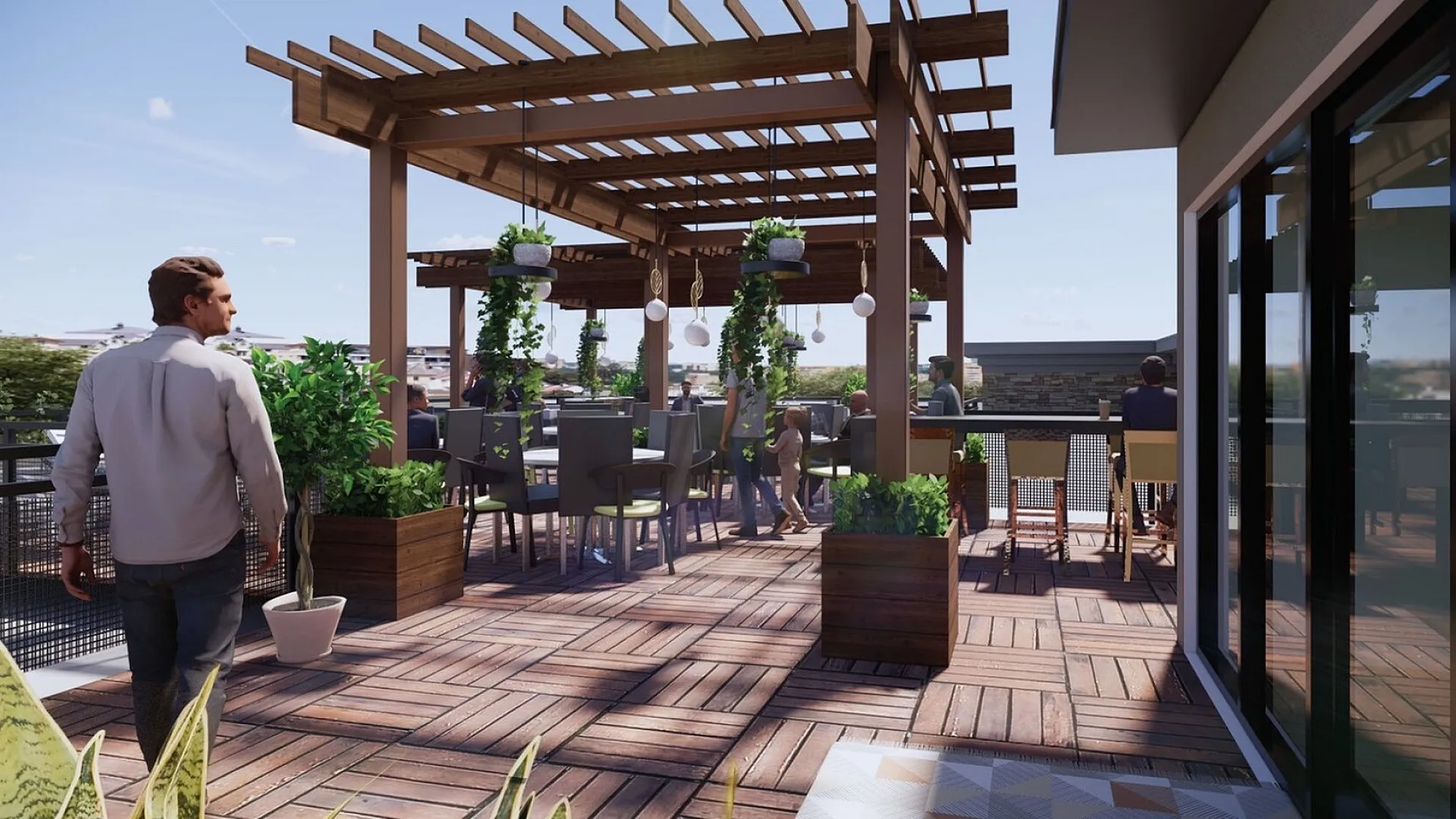 Relaxing rooftop terrace with elegant wooden pergola, stylish seating areas, and lush greenery, perfect for social gatherings and enjoying panoramic views.