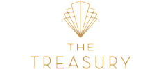 Elegant logo design for The Treasury, featuring a stylized geometric motif in gold.