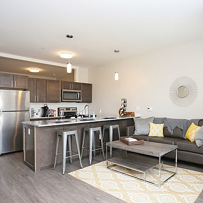 Modern open-concept living area featuring a sleek kitchen with stainless steel appliances, a cozy sitting area with stylish decor, and a chic bar for dining and entertaining.