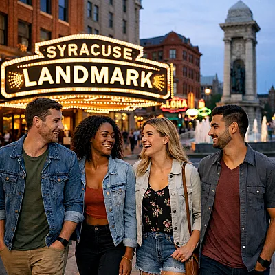 Joyful group of friends walking near the illuminated Syracuse Landmark, embodying a vibrant urban lifestyle.