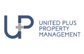 Combination mark logo for United Plus Property Management in navy blue with a grey plus icon.