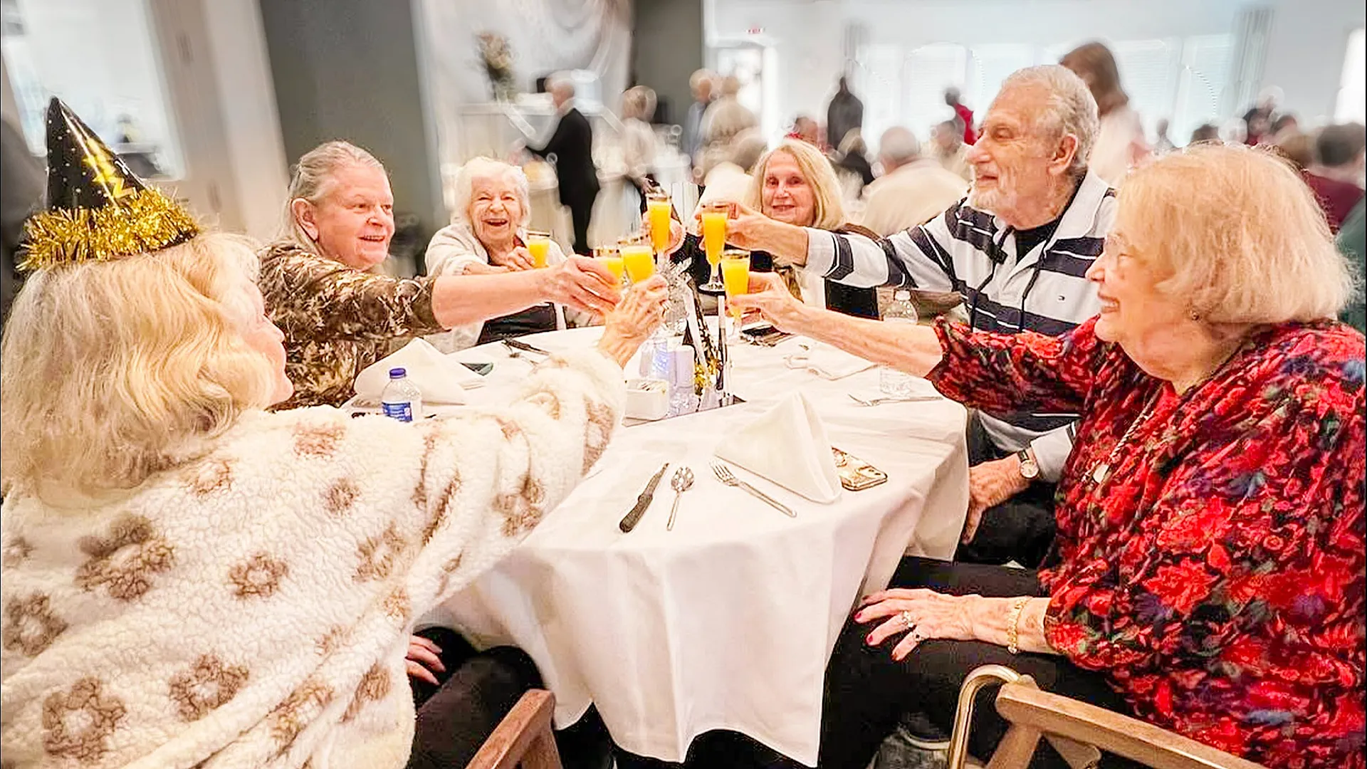 Joyful gathering of elderly friends toasting with drinks at a lively celebration in a cozy dining area.