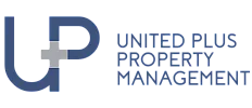 Modern logo for United Plus Property Management, featuring a sleek, interconnected 'U+P' design in blue and grey.