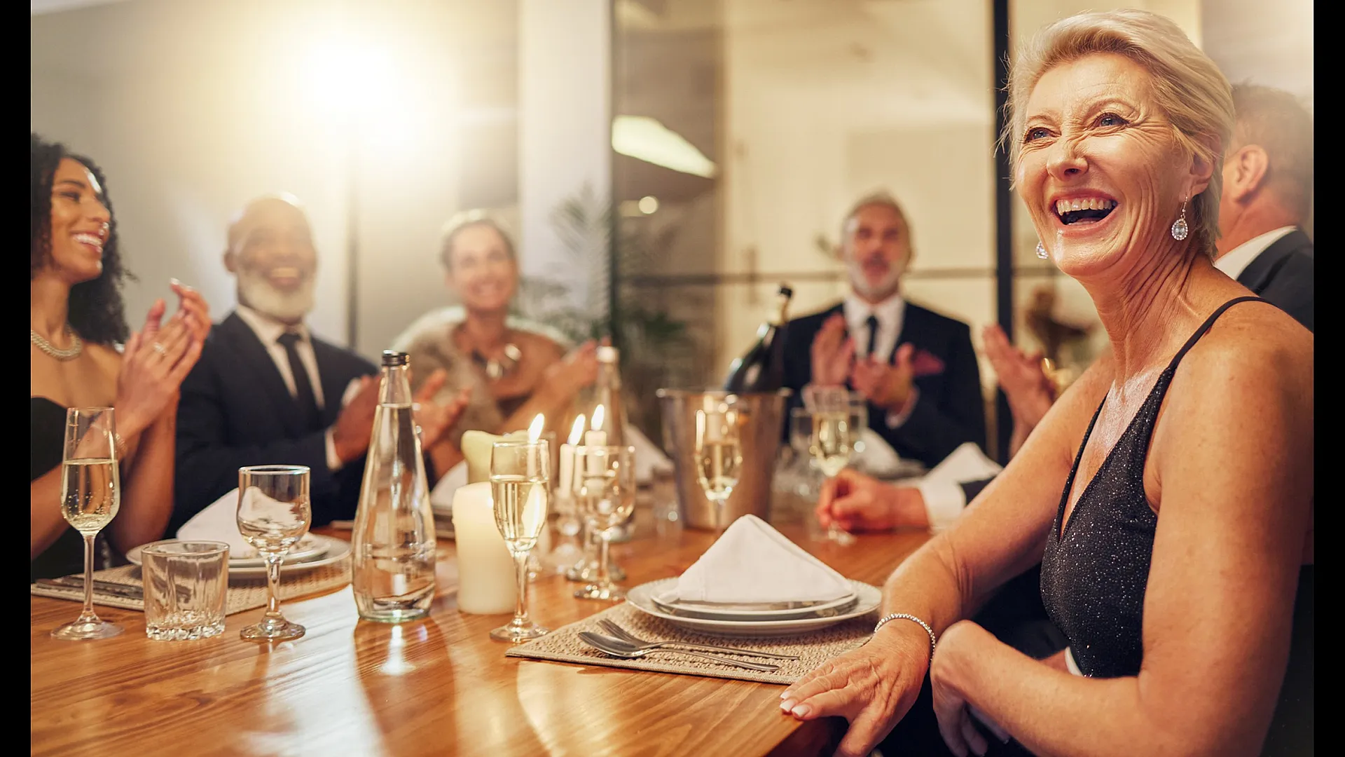 Elegant dinner party with smiling guests enjoying a beautifully set table and ambient lighting.