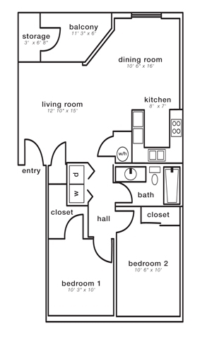 Two-bedroom floor plan for Meadow Crest apartments in Vancouver, WA