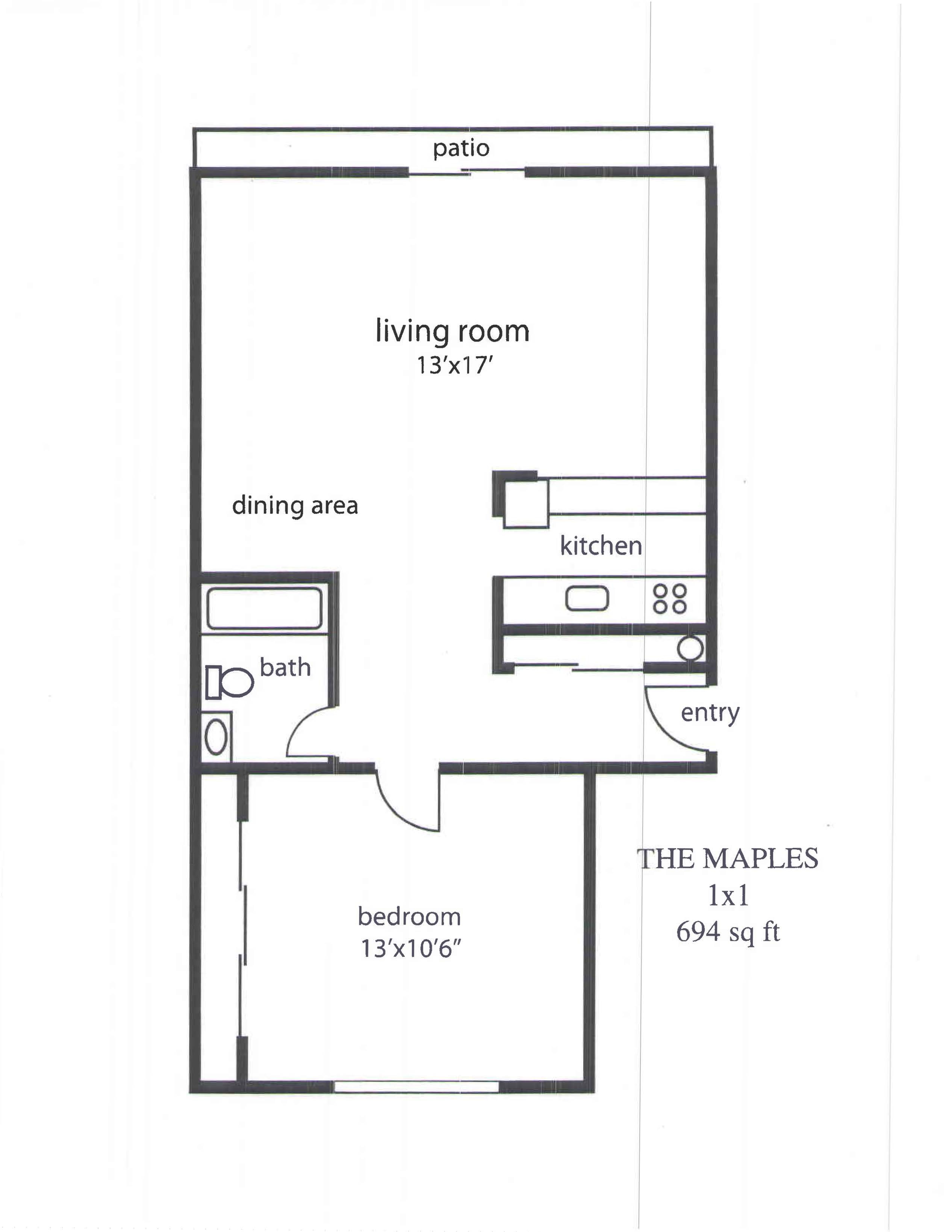 One-bedroom floor plan at The Maples apartments