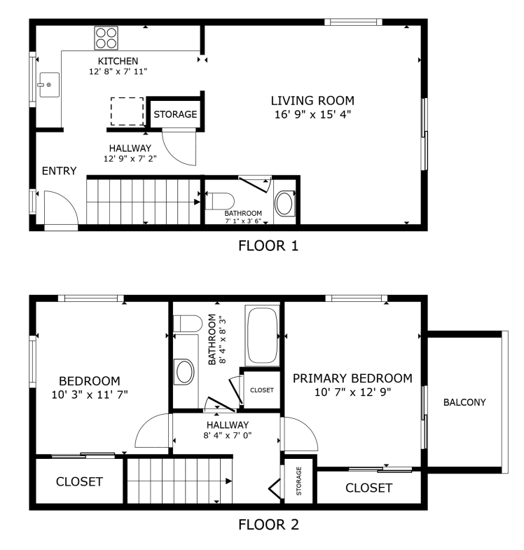 Elegant 2-floor apartment layout featuring a spacious living room, modern kitchen, and convenient storage on the first floor, with two cozy bedrooms and a balcony on the second floor.