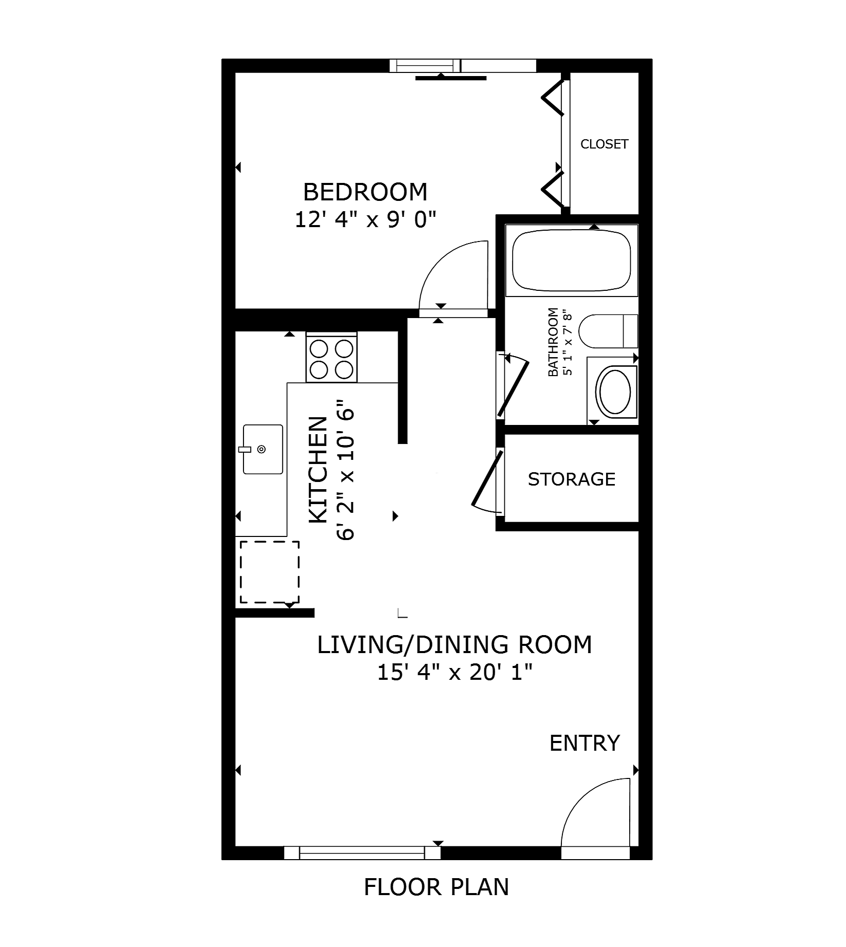 Compact and efficient floor plan featuring a cozy bedroom, functional kitchen, and expansive living/dining area. Includes a convenient bathroom and storage space. Total area of 449 sq ft.