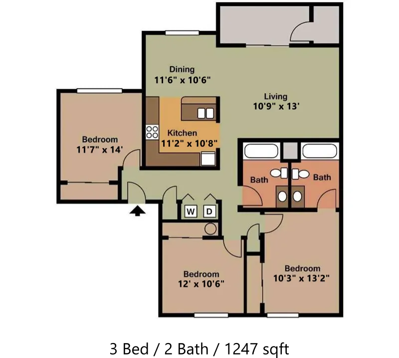 Modern 3-bedroom floor plan with spacious living and dining areas, efficient kitchen layout, and dual bathrooms for convenience.