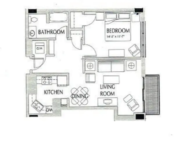 Chic floor plan featuring a spacious bedroom, modern kitchen, cozy living room, and a well-appointed bathroom.