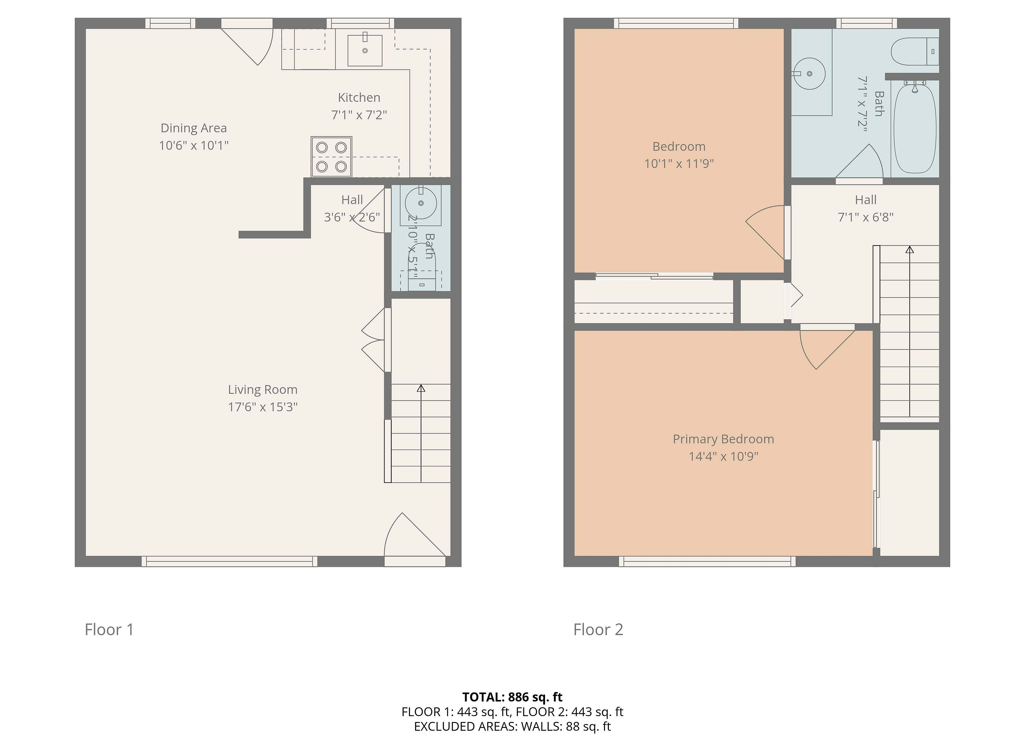 Charming two-story floor plan featuring a spacious living room, dining area, and kitchen on the first floor, with two comfortable bedrooms and a bath upstairs, totaling 886 sq ft.