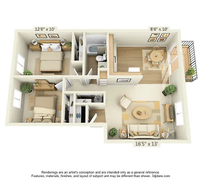 Inviting 3D floor plan showcasing a two-bedroom apartment with a cozy living room, dining area, modern kitchen, and private balcony.