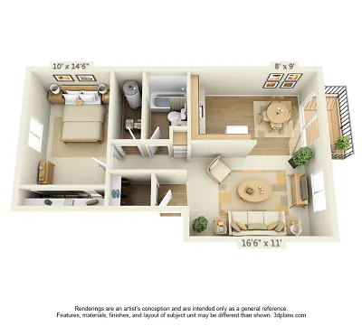 Contemporary 3D floor plan showcasing a spacious living room, cozy dining area, modern kitchen, and a comfortable bedroom.