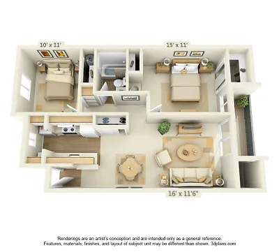 Elegant 3D floor plan highlighting 2 bedrooms, cozy living room, and modern kitchen, perfect for a stylish home.