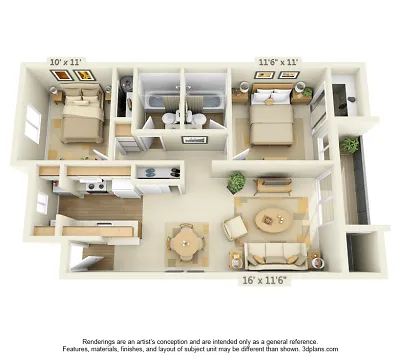 Modern 3D floor plan featuring 2 spacious bedrooms, a stylish living room, and a contemporary kitchen layout, perfect for urban living.