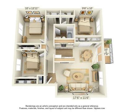 Charming 3D floor plan with three cozy bedrooms, a spacious living area, a modern open-concept kitchen, and a quaint balcony, ideal for contemporary living.