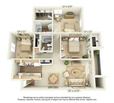 Inviting 3D floor plan showcasing 3 bedrooms, open living and dining area, modern kitchen, and two bathrooms, perfect for comfortable living.