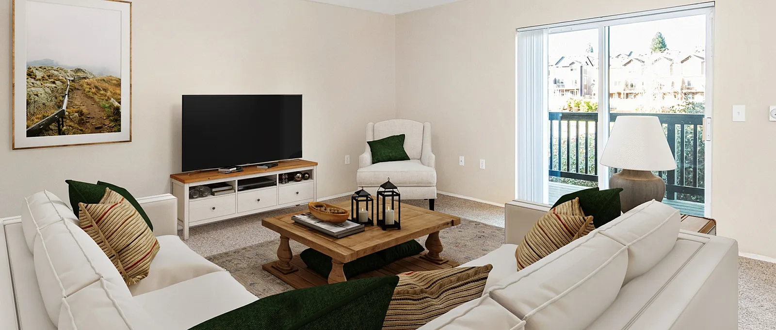 Bright, inviting living room with elegant white sofas, vibrant green cushions, and a stylish wood coffee table, complemented by a large window with balcony view.