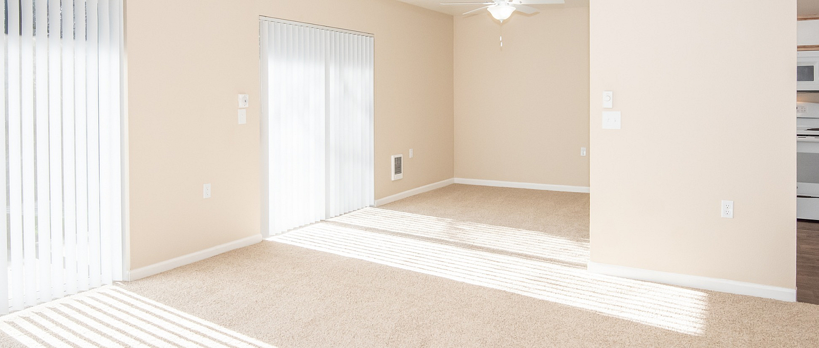 Bright and inviting apartment living space with plush carpeting, large windows with vertical blinds, and an adjoining kitchen featuring modern appliances.