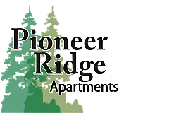 Pioneer Ridge Apartments logo featuring stylized evergreen trees, symbolizing a serene and nature-inspired living community.