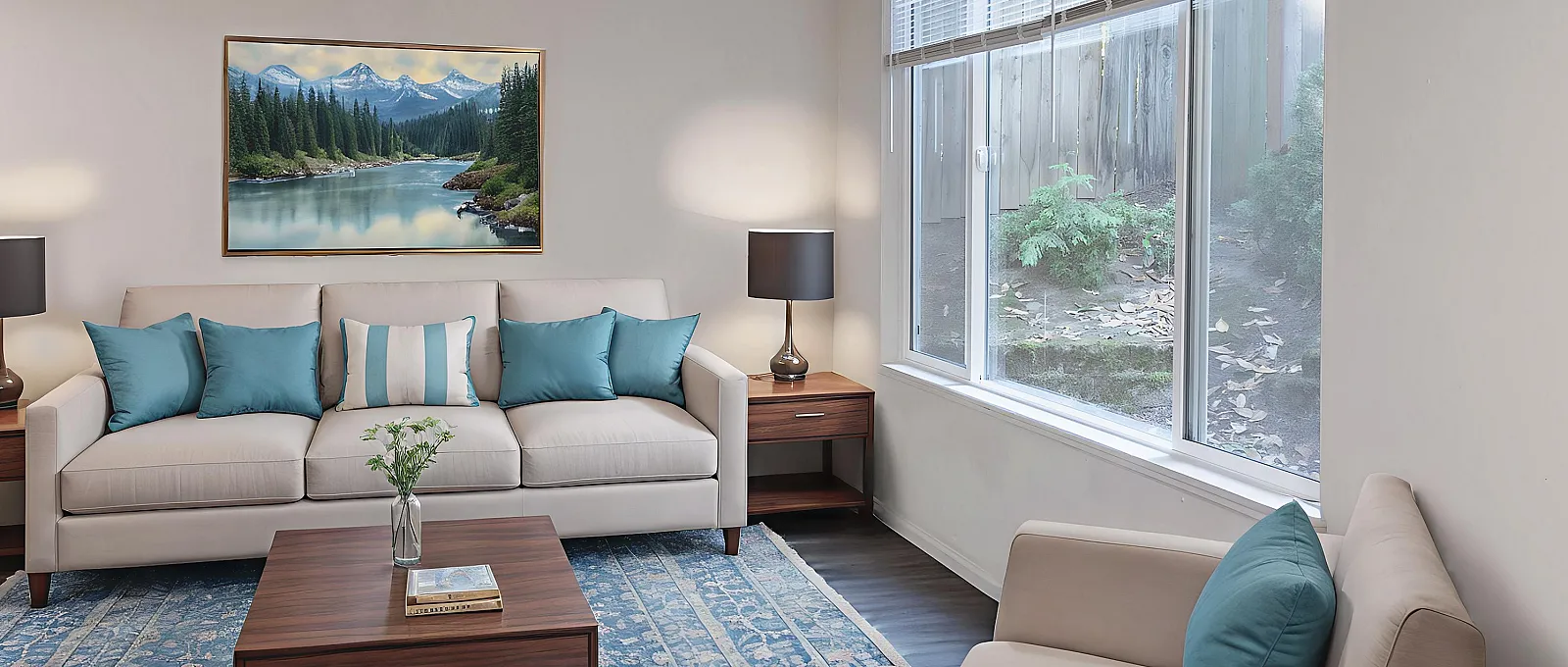 Virtually staged living room with a cozy sofa, teal accent pillows, and scenic landscape artwork. Bright space with large window and elegant decor.