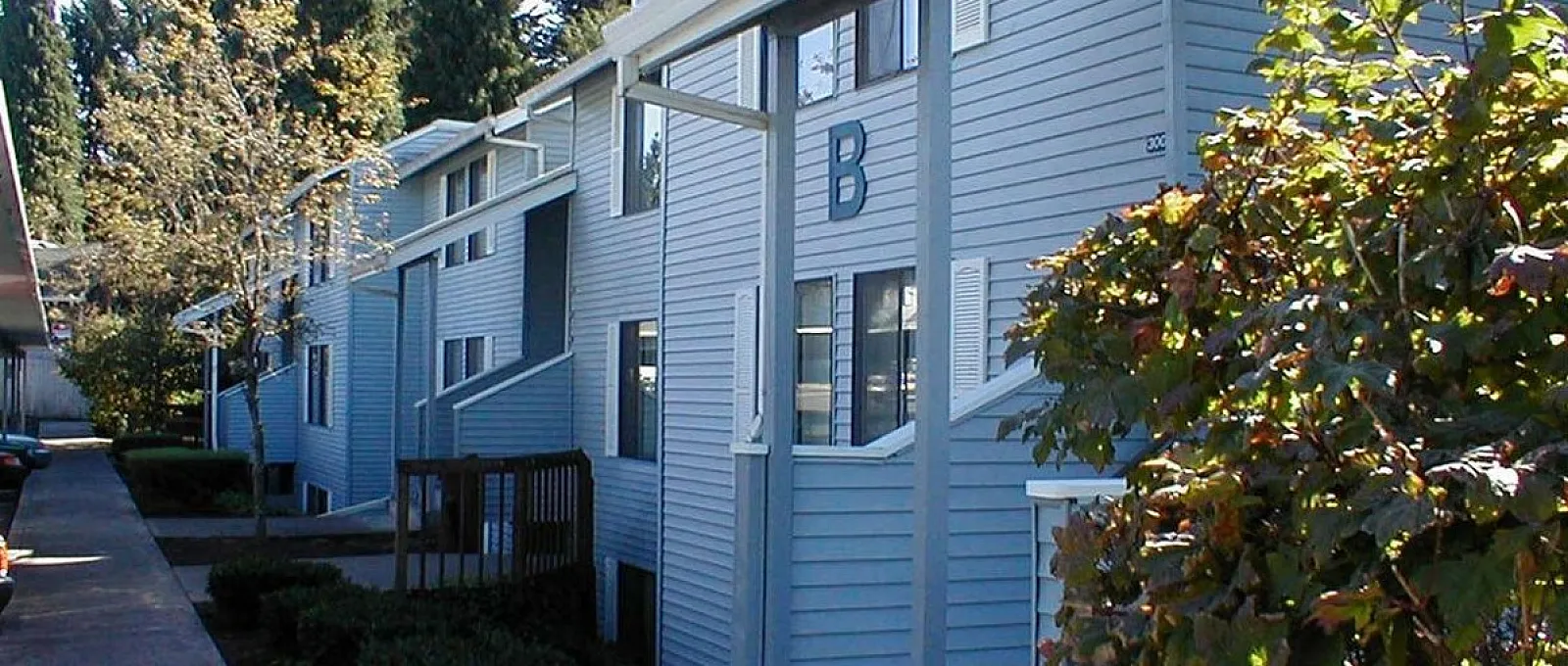 Charming apartment exterior with modern blue siding, lush greenery, and inviting walkways, set against a backdrop of tall trees.
