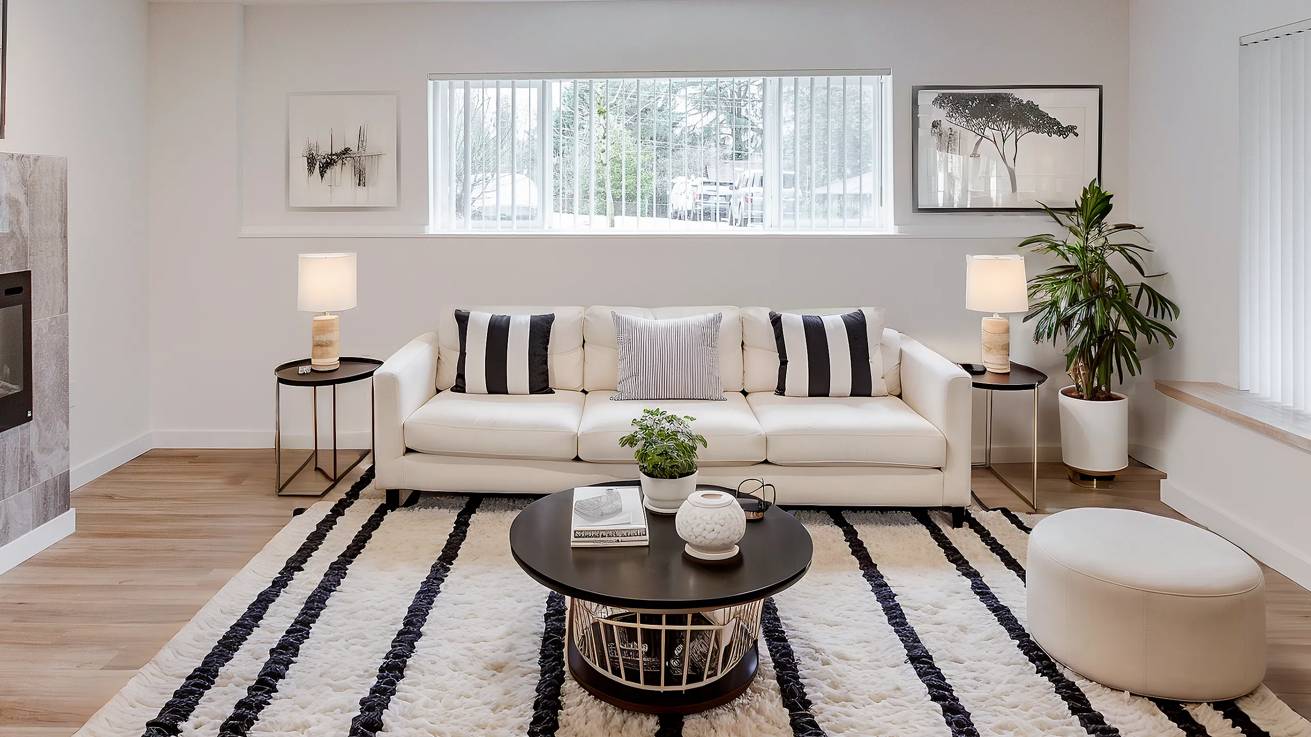 Elegant living room with a modern fireplace, plush white sofa, and stylish decor creates a cozy and inviting atmosphere.