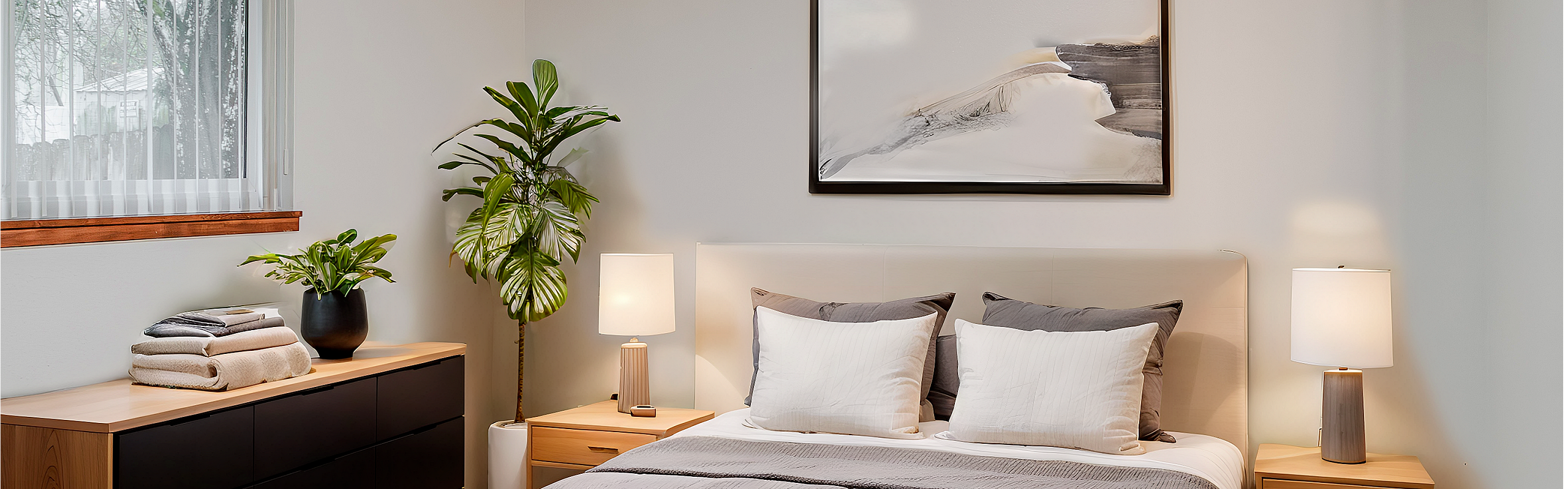 Inviting bedroom with modern decor, featuring a cozy bed with plush pillows, elegant bedside tables, soft lighting, and refreshing greenery by the window.