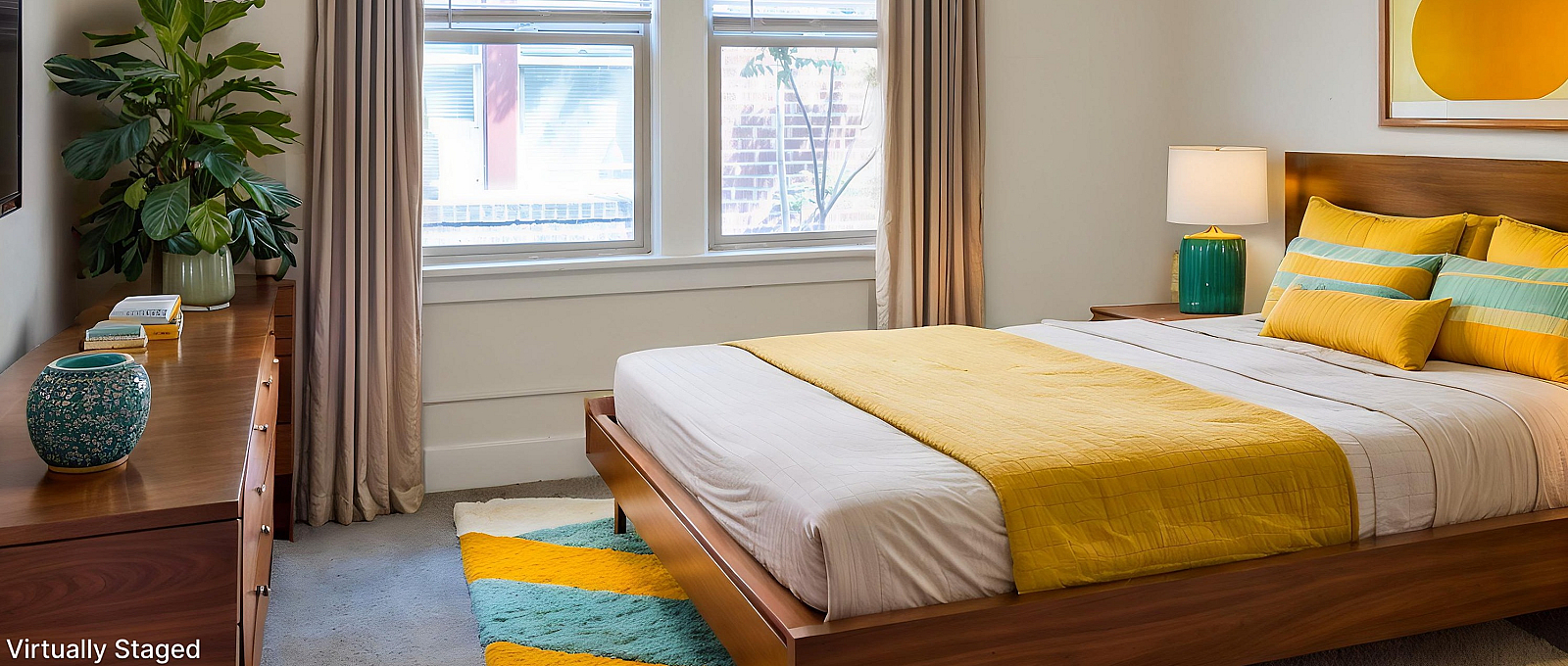 Inviting bedroom with modern accents, featuring a cozy bed with yellow and teal decor, elegant wooden furniture, and ample natural light streaming through large windows.